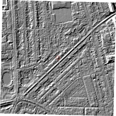 Shaded relief map of the ground around HU46EW, computed from Environment Agency LiDAR. The ground here sits at about 3 m above sea level and falls 7 m across the surrounding 800 m. Surface water reaching this point runs off ground lying to the south-west, 1.4 m higher.