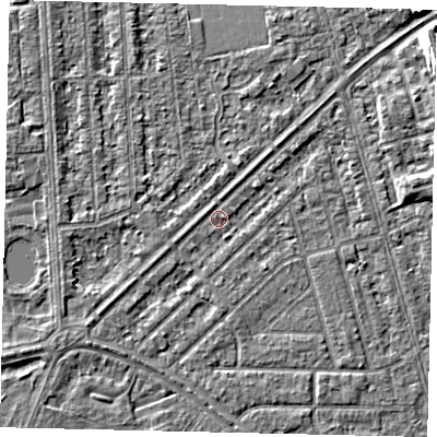 Shaded relief map of the ground around HU46EY, computed from Environment Agency LiDAR. The ground here sits at about 2 m above sea level and falls 7 m across the surrounding 800 m. Surface water reaching this point runs off ground lying to the north-east, 1.5 m higher.
