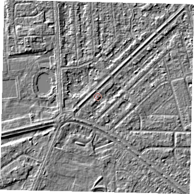 Shaded relief map of the ground around HU46EZ, computed from Environment Agency LiDAR. The ground here sits at about 2 m above sea level and falls 2 m across the surrounding 800 m. Surface water reaching this point runs off ground lying to the south-east, 1.7 m higher.