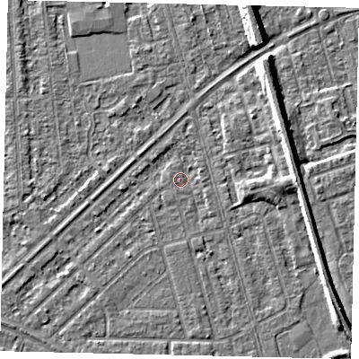 Shaded relief map of the ground around HU46GA, computed from Environment Agency LiDAR. The ground here sits at about 2 m above sea level and falls 7 m across the surrounding 800 m. Surface water reaching this point runs off ground lying to the south-east, 1.1 m higher.
