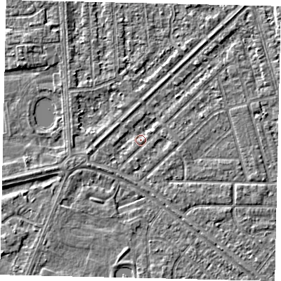 Shaded relief map of the ground around HU46HA, computed from Environment Agency LiDAR. The ground here sits at about 2 m above sea level and falls 2 m across the surrounding 800 m. Surface water reaching this point runs off ground lying to the south-east, 1.7 m higher.