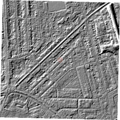 Shaded relief map of the ground around HU46HD, computed from Environment Agency LiDAR. The ground here sits at about 2 m above sea level and falls 7 m across the surrounding 800 m. Surface water reaching this point runs off ground lying to the south-east, 0.5 m higher.