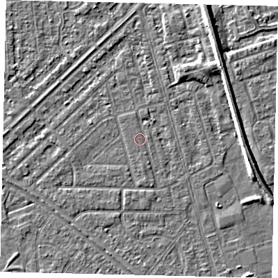 Shaded relief map of the ground around HU46HF, computed from Environment Agency LiDAR. The ground here sits at about 3 m above sea level and falls 6 m across the surrounding 800 m. Surface water reaching this point runs off ground lying to the south, 0.6 m higher.