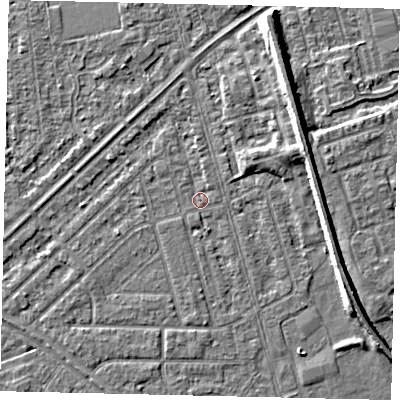 Shaded relief map of the ground around HU46HG, computed from Environment Agency LiDAR. The ground here sits at about 2 m above sea level and falls 7 m across the surrounding 800 m. Surface water reaching this point runs off ground lying to the north-east, 0.6 m higher.
