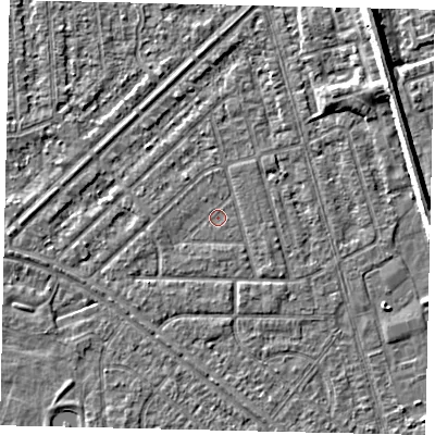 Shaded relief map of the ground around HU46HH, computed from Environment Agency LiDAR. The ground here sits at about 2 m above sea level and falls 5 m across the surrounding 800 m. Surface water reaching this point runs off ground lying to the south-east, 1.0 m higher.
