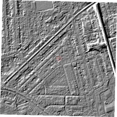 Shaded relief map of the ground around HU46HJ, computed from Environment Agency LiDAR. The ground here sits at about 2 m above sea level and falls 7 m across the surrounding 800 m. Surface water reaching this point runs off ground lying to the south-south-east, 1.0 m higher.