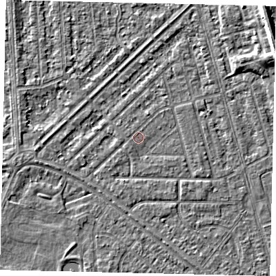 Shaded relief map of the ground around HU46HL, computed from Environment Agency LiDAR. The ground here sits at about 2 m above sea level and falls 5 m across the surrounding 800 m. Surface water reaching this point runs off ground lying to the south-east, 1.0 m higher.