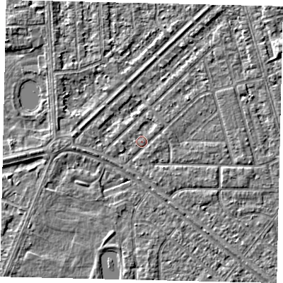 Shaded relief map of the ground around HU46HN, computed from Environment Agency LiDAR. The ground here sits at about 2 m above sea level and falls 2 m across the surrounding 800 m. Surface water reaching this point runs off ground lying to the east-north-east, 0.6 m higher.
