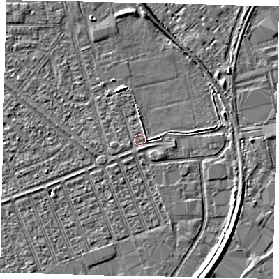 Shaded relief map of the ground around HU46JA, computed from Environment Agency LiDAR. The ground here sits at about 3 m above sea level and falls 6 m across the surrounding 800 m. Surface water reaching this point runs off ground lying to the south, 0.7 m higher.