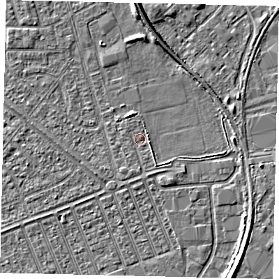 Shaded relief map of the ground around HU46JB, computed from Environment Agency LiDAR. The ground here sits at about 3 m above sea level and falls 6 m across the surrounding 800 m. Surface water reaching this point runs off ground lying to the east-south-east, 1.6 m higher.