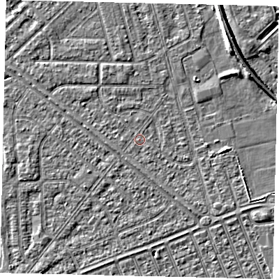Shaded relief map of the ground around HU46JG, computed from Environment Agency LiDAR. The ground here sits at about 2 m above sea level and falls 6 m across the surrounding 800 m. Surface water reaching this point runs off ground lying to the south, 0.9 m higher.