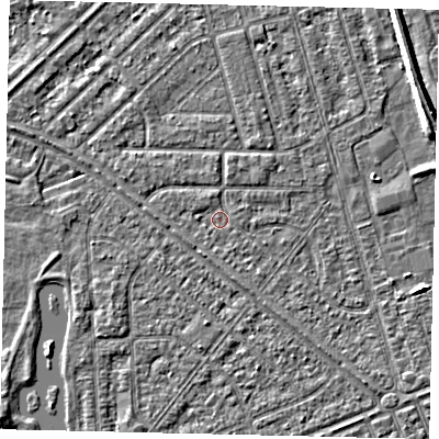 Shaded relief map of the ground around HU46JH, computed from Environment Agency LiDAR. The ground here sits at about 2 m above sea level and falls 5 m across the surrounding 800 m. Surface water reaching this point runs off ground lying to the south-south-west, 1.0 m higher.
