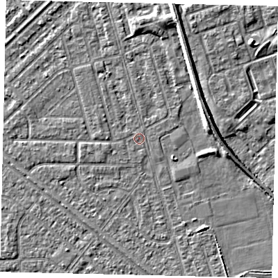Shaded relief map of the ground around HU46JT, computed from Environment Agency LiDAR. The ground here sits at about 2 m above sea level and falls 5 m across the surrounding 800 m. Surface water reaching this point runs off ground lying to the west-south-west, 0.6 m higher.