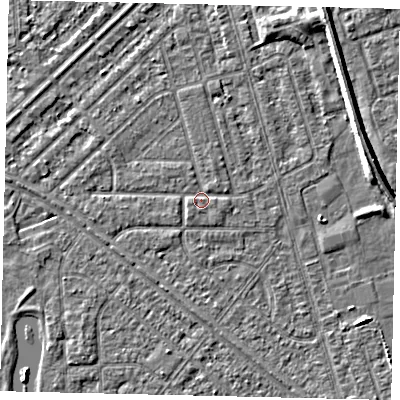 Shaded relief map of the ground around HU46JU, computed from Environment Agency LiDAR. The ground here sits at about 3 m above sea level and falls 5 m across the surrounding 800 m. Surface water reaching this point runs off ground lying to the east-south-east, 0.8 m higher.