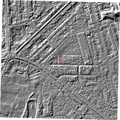 Shaded relief map of the ground around HU46JX, computed from Environment Agency LiDAR. The ground here sits at about 2 m above sea level and falls 5 m across the surrounding 800 m. Surface water reaching this point runs off ground lying to the east-south-east, 1.0 m higher.