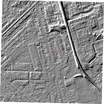 Shaded relief map of the ground around HU46JZ, computed from Environment Agency LiDAR. The ground here sits at about 2 m above sea level and falls 6 m across the surrounding 800 m. Surface water reaching this point runs off ground lying to the south-east, 0.7 m higher.