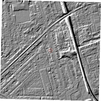 Shaded relief map of the ground around HU46LA, computed from Environment Agency LiDAR. The ground here sits at about 2 m above sea level and falls 7 m across the surrounding 800 m. Surface water reaching this point runs off ground lying to the east-north-east, 4.5 m higher.