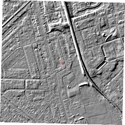 Shaded relief map of the ground around HU46LD, computed from Environment Agency LiDAR. The ground here sits at about 2 m above sea level and falls 5 m across the surrounding 800 m. Surface water reaching this point runs off ground lying to the south-east, 0.7 m higher.
