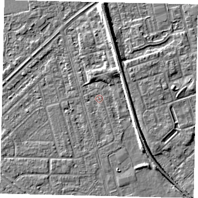Shaded relief map of the ground around HU46LE, computed from Environment Agency LiDAR. The ground here sits at about 2 m above sea level and falls 7 m across the surrounding 800 m. Surface water reaching this point runs off ground lying to the south-west, 1.1 m higher.