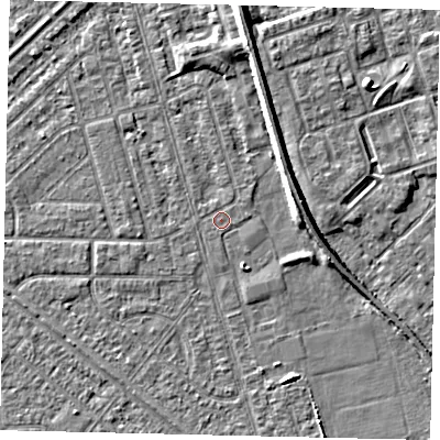 Shaded relief map of the ground around HU46LF, computed from Environment Agency LiDAR. The ground here sits at about 2 m above sea level and falls 5 m across the surrounding 800 m. The ground contributing surface water to this point lies to the north-east.