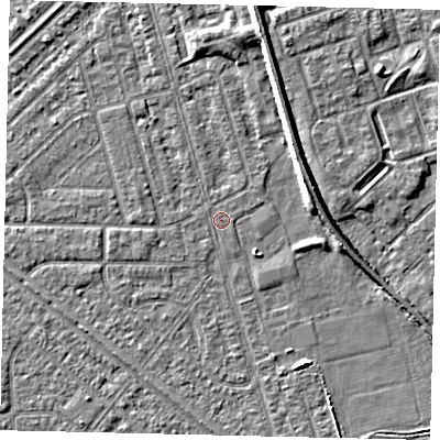 Shaded relief map of the ground around HU46LG, computed from Environment Agency LiDAR. The ground here sits at about 2 m above sea level and falls 5 m across the surrounding 800 m. The ground contributing surface water to this point lies to the north-east.