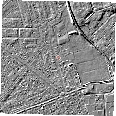 Shaded relief map of the ground around HU46LH, computed from Environment Agency LiDAR. The ground here sits at about 2 m above sea level and falls 6 m across the surrounding 800 m. Surface water reaching this point runs off ground lying to the east-south-east, 2.3 m higher.
