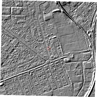 Shaded relief map of the ground around HU46LJ, computed from Environment Agency LiDAR. The ground here sits at about 3 m above sea level and falls 5 m across the surrounding 800 m. Surface water reaching this point runs off ground lying to the south-south-east, 0.8 m higher.