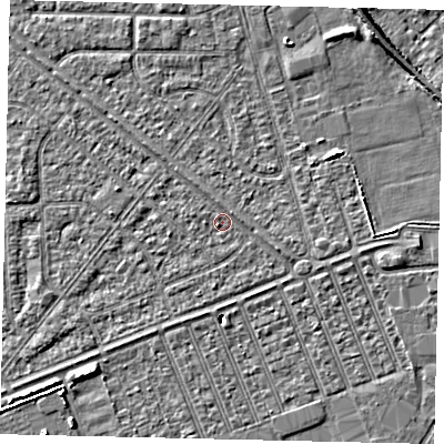 Shaded relief map of the ground around HU46LS, computed from Environment Agency LiDAR. The ground here sits at about 3 m above sea level and falls 4 m across the surrounding 800 m. Surface water reaching this point runs off ground lying to the north-east, 1.0 m higher.