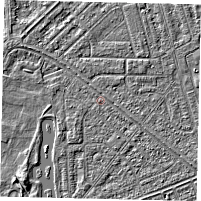 Shaded relief map of the ground around HU46LT, computed from Environment Agency LiDAR. The ground here sits at about 2 m above sea level and falls 4 m across the surrounding 800 m. Surface water reaching this point runs off ground lying to the south-south-east, 1.2 m higher.
