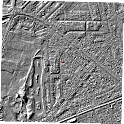 Shaded relief map of the ground around HU46LU, computed from Environment Agency LiDAR. The ground here sits at about 2 m above sea level and falls 4 m across the surrounding 800 m. Surface water reaching this point runs off ground lying to the east-south-east, 1.0 m higher.