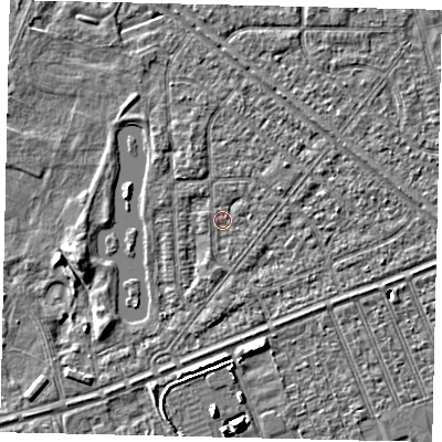 Shaded relief map of the ground around HU46LX, computed from Environment Agency LiDAR. The ground here sits at about 2 m above sea level and falls 6 m across the surrounding 800 m. Surface water reaching this point runs off ground lying to the south-south-east, 1.4 m higher.