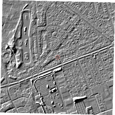 Shaded relief map of the ground around HU46LY, computed from Environment Agency LiDAR. The ground here sits at about 3 m above sea level and falls 6 m across the surrounding 800 m. Surface water reaching this point runs off ground lying to the east-north-east, 1.4 m higher.
