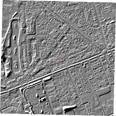 Shaded relief map of the ground around HU46LZ, computed from Environment Agency LiDAR. The ground here sits at about 3 m above sea level and falls 6 m across the surrounding 800 m. Surface water reaching this point runs off ground lying to the east-north-east, 1.4 m higher.