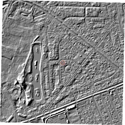 Shaded relief map of the ground around HU46NB, computed from Environment Agency LiDAR. The ground here sits at about 3 m above sea level and falls 4 m across the surrounding 800 m. Surface water reaching this point runs off ground lying to the south-south-east, 1.5 m higher.