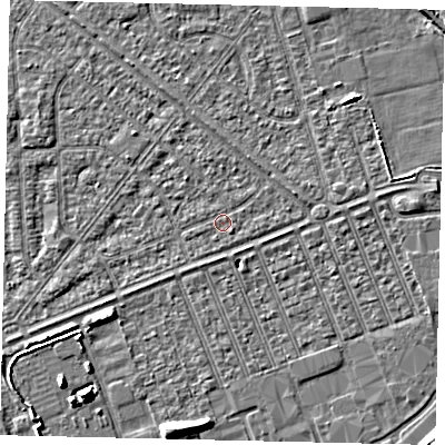 Shaded relief map of the ground around HU46ND, computed from Environment Agency LiDAR. The ground here sits at about 3 m above sea level and falls 6 m across the surrounding 800 m. Surface water reaching this point runs off ground lying to the east-north-east, 1.2 m higher.