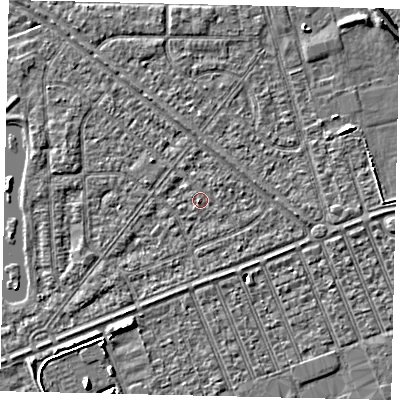 Shaded relief map of the ground around HU46NE, computed from Environment Agency LiDAR. The ground here sits at about 3 m above sea level and falls 5 m across the surrounding 800 m. Surface water reaching this point runs off ground lying to the north-north-east, 1.0 m higher.