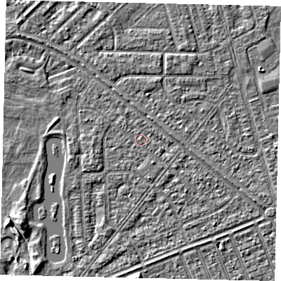 Shaded relief map of the ground around HU46NF, computed from Environment Agency LiDAR. The ground here sits at about 3 m above sea level and falls 4 m across the surrounding 800 m. Surface water reaching this point runs off ground lying to the south-south-east, 1.0 m higher.