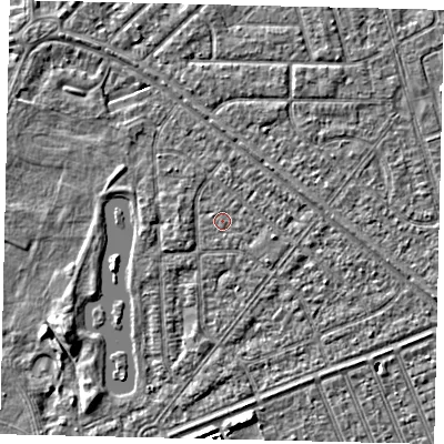 Shaded relief map of the ground around HU46NG, computed from Environment Agency LiDAR. The ground here sits at about 2 m above sea level and falls 4 m across the surrounding 800 m. Surface water reaching this point runs off ground lying to the east-south-east, 0.9 m higher.