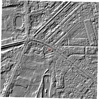 Shaded relief map of the ground around HU46NH, computed from Environment Agency LiDAR. The ground here sits at about 2 m above sea level and falls 2 m across the surrounding 800 m. Surface water reaching this point runs off ground lying to the south-east, 1.7 m higher.