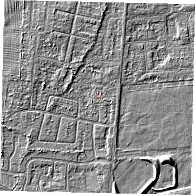 Shaded relief map of the ground around HU46NJ, computed from Environment Agency LiDAR. The ground here sits at about 3 m above sea level and falls 5 m across the surrounding 800 m. The ground contributing surface water to this point lies to the north.