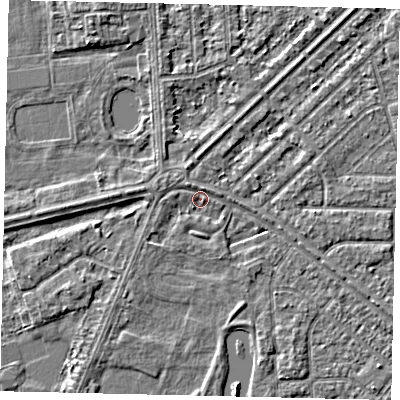 Shaded relief map of the ground around HU46NN, computed from Environment Agency LiDAR. The ground here sits at about 2 m above sea level and falls 2 m across the surrounding 800 m. Surface water reaching this point runs off ground lying to the east-south-east, 1.6 m higher.