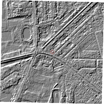 Shaded relief map of the ground around HU46NP, computed from Environment Agency LiDAR. The ground here sits at about 2 m above sea level and falls 2 m across the surrounding 800 m. Surface water reaching this point runs off ground lying to the south-east, 1.7 m higher.