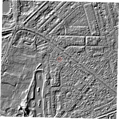 Shaded relief map of the ground around HU46NQ, computed from Environment Agency LiDAR. The ground here sits at about 2 m above sea level and falls 4 m across the surrounding 800 m. Surface water reaching this point runs off ground lying to the east-north-east, 0.5 m higher.