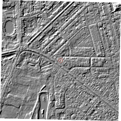 Shaded relief map of the ground around HU46NR, computed from Environment Agency LiDAR. The ground here sits at about 2 m above sea level and falls 3 m across the surrounding 800 m. Surface water reaching this point runs off ground lying to the east, 1.0 m higher.