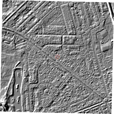 Shaded relief map of the ground around HU46NT, computed from Environment Agency LiDAR. The ground here sits at about 2 m above sea level and falls 5 m across the surrounding 800 m. Surface water reaching this point runs off ground lying to the south, 1.0 m higher.