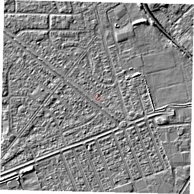 Shaded relief map of the ground around HU46NU, computed from Environment Agency LiDAR. The ground here sits at about 3 m above sea level and falls 5 m across the surrounding 800 m. Surface water reaching this point runs off ground lying to the south-east, 1.2 m higher.