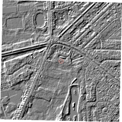 Shaded relief map of the ground around HU46NW, computed from Environment Agency LiDAR. The ground here sits at about 2 m above sea level and falls 2 m across the surrounding 800 m. Surface water reaching this point runs off ground lying to the south-east, 1.1 m higher.