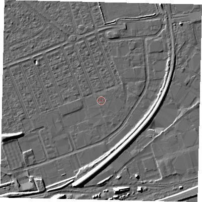 Shaded relief map of the ground around HU46PA, computed from Environment Agency LiDAR. The ground here sits at about 3 m above sea level and falls 11 m across the surrounding 800 m. The ground contributing surface water to this point lies to the east.