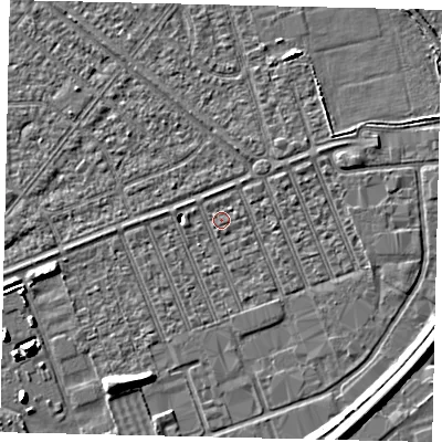 Shaded relief map of the ground around HU46QA, computed from Environment Agency LiDAR. The ground here sits at about 3 m above sea level and falls 7 m across the surrounding 800 m. Surface water reaching this point runs off ground lying to the east-north-east, 1.0 m higher.