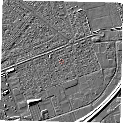 Shaded relief map of the ground around HU46QB, computed from Environment Agency LiDAR. The ground here sits at about 2 m above sea level and falls 8 m across the surrounding 800 m. Surface water reaching this point runs off ground lying to the north-east, 1.0 m higher.